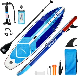 10'6" Inflatable Stand Up Paddle Board for Adults & Youth - 33" Wide Non-Slip Deck with Paddle, Pump, Backpack, Safety Leash, Repair Kit - All-Around Board for Lakes, Rivers, Ocean(Blue White)