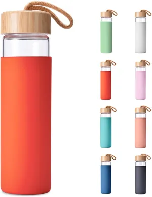 20 Oz Borosilicate Glass Water Bottle with Bamboo Lid and Silicone Sleeve  Reusable BPA Free Drinking Bottle with Lids - Cute Bottle for Women - Glass Shaker Bottle (Cherry Tomato)