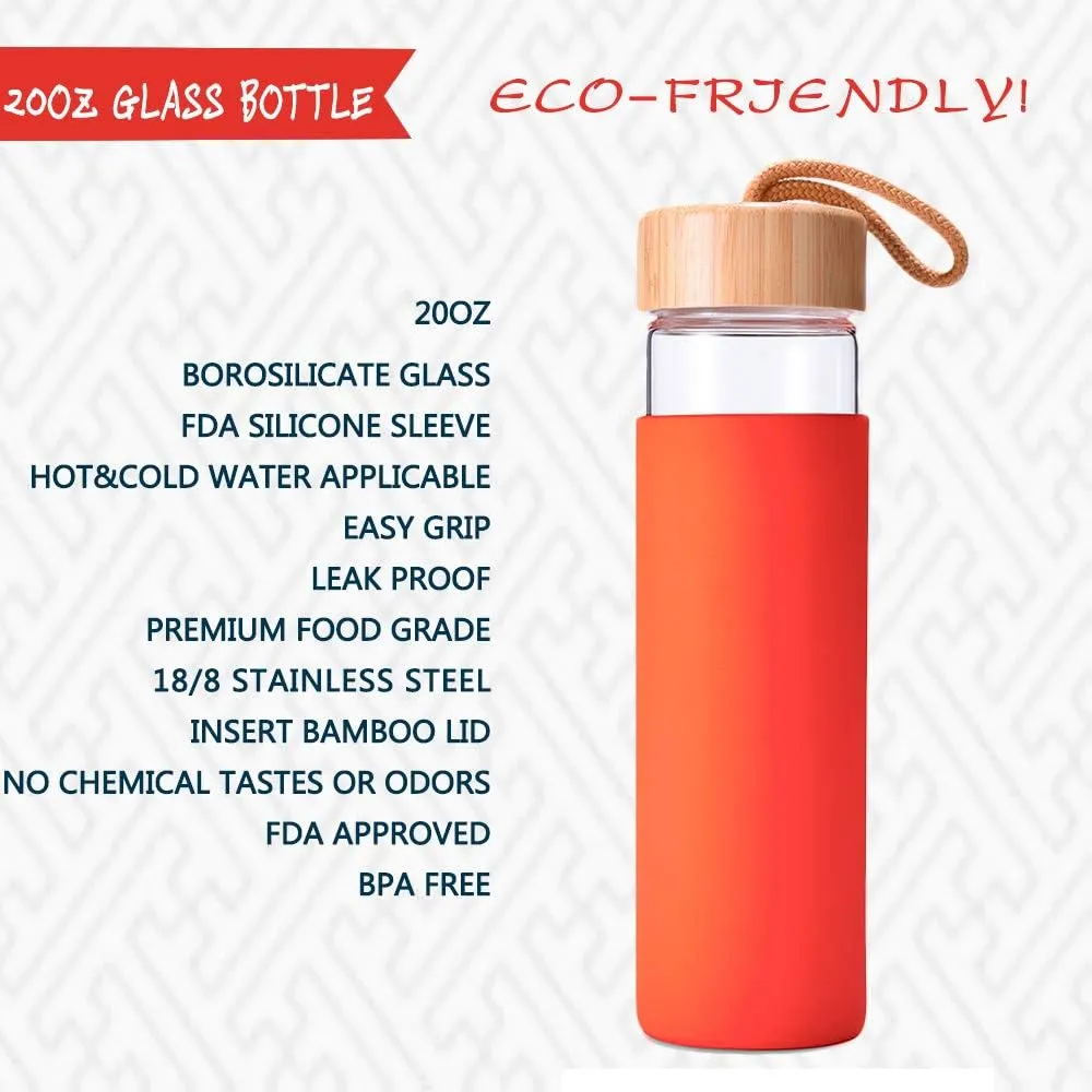 20 Oz Borosilicate Glass Water Bottle with Bamboo Lid and Silicone Sleeve  Reusable BPA Free Drinking Bottle with Lids - Cute Bottle for Women - Glass Shaker Bottle (Cherry Tomato)