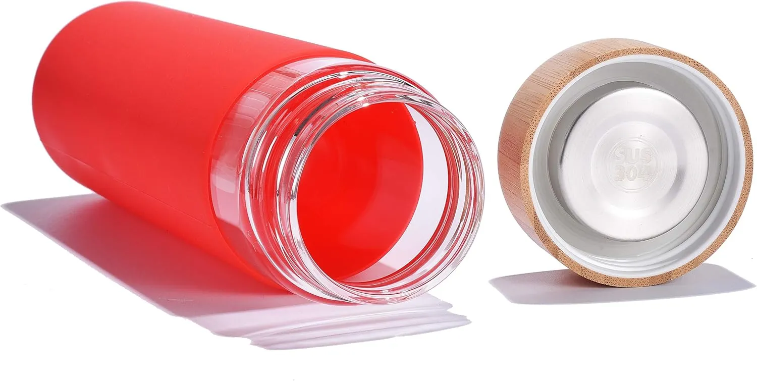 20 Oz Borosilicate Glass Water Bottle with Bamboo Lid and Silicone Sleeve  Reusable BPA Free Drinking Bottle with Lids - Cute Bottle for Women - Glass Shaker Bottle (Cherry Tomato)