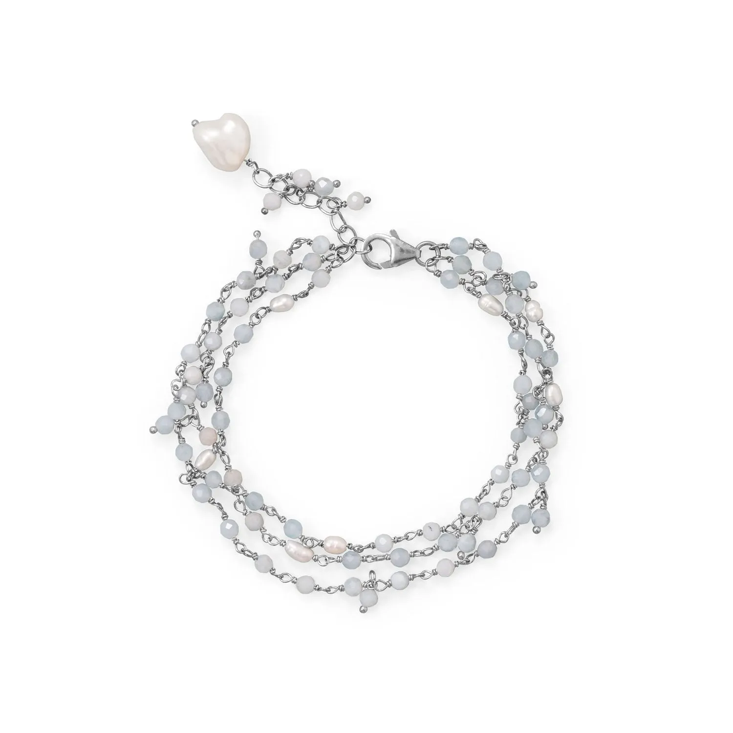 7" 1" Three Stand Aquamarine and Cultured Fresh Water Pearl Bracelet