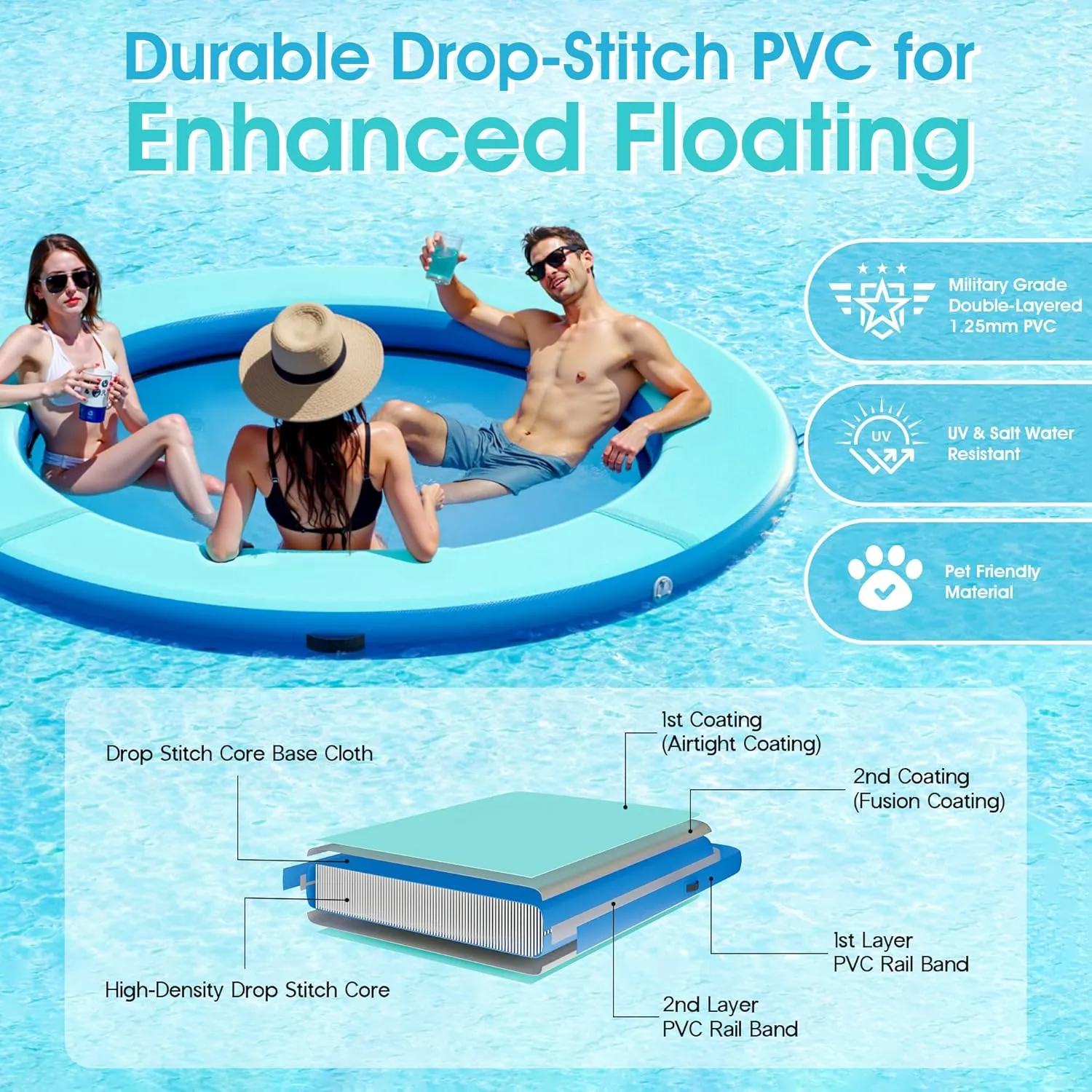 Albott Inflatable Water Hammock Float with Soft Ladder, Cup Holders and Mesh Bed, Round & Hexagon Lake Raft for 410 People, Heavy Duty PVC Pool Float for Family Party & Summer Fun