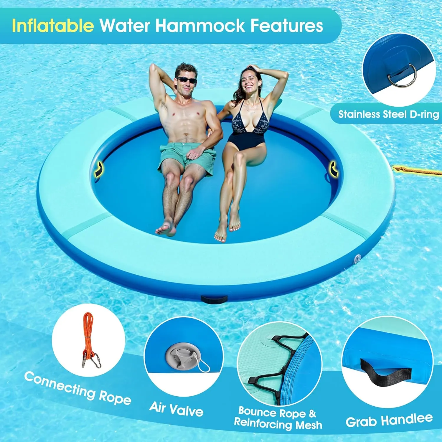 Albott Inflatable Water Hammock Float with Soft Ladder, Cup Holders and Mesh Bed, Round & Hexagon Lake Raft for 410 People, Heavy Duty PVC Pool Float for Family Party & Summer Fun