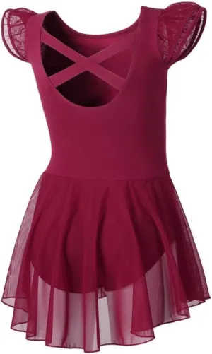 DIPUG Ballet Leotards for Girls Ballet Leotard with Skirt Toddler Dance Leotards Flutter Sleeve and Criss-Cross Back