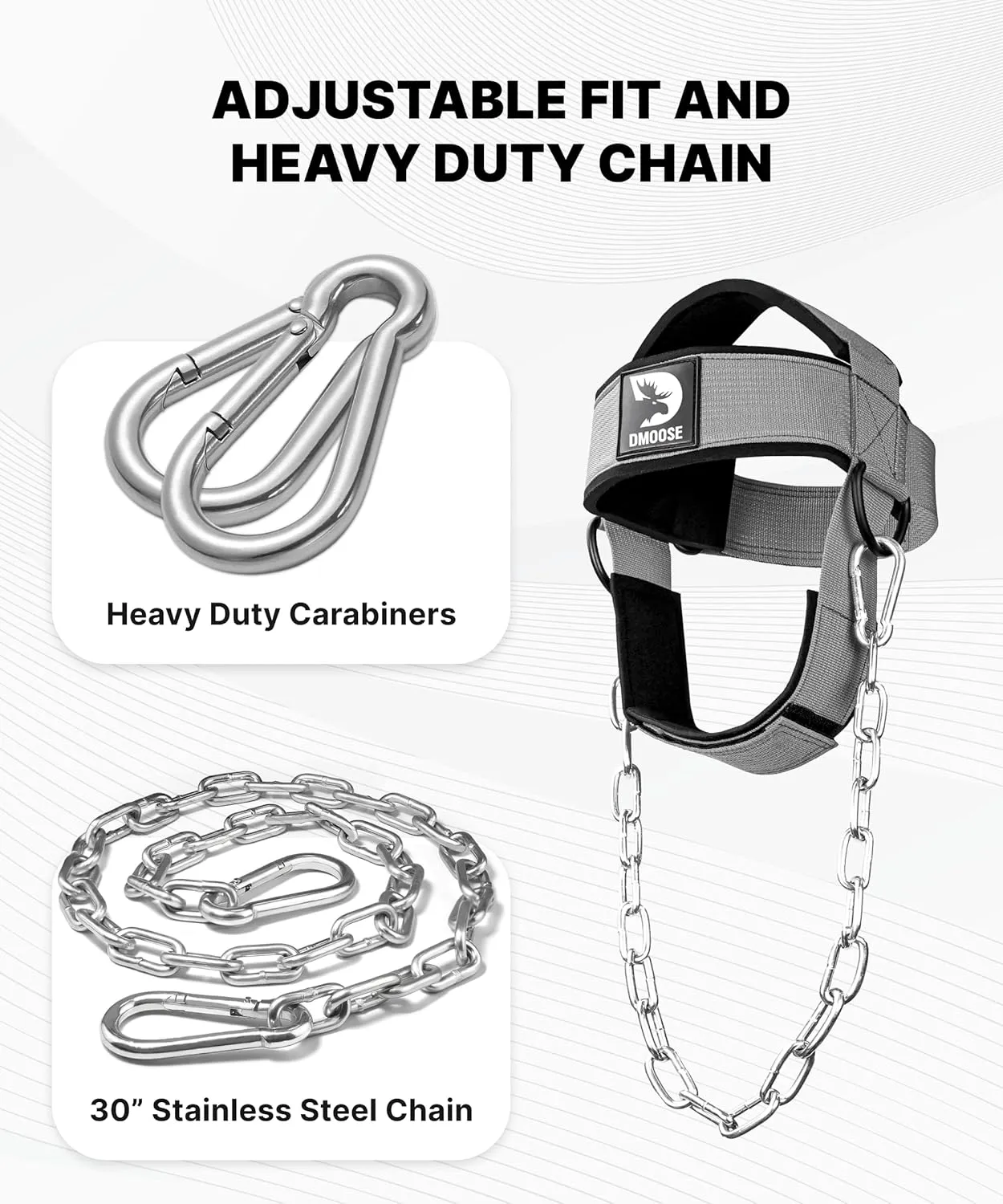 DMoose Fitness Neck Harness for Weight Lifting - Adjustable Head & Chin Strap with 30" Heavy Duty Steel Chain - Neck Exerciser, Trainer & Strengthener to Support Injury Recovery & Intense Workouts