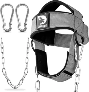 DMoose Fitness Neck Harness for Weight Lifting - Adjustable Head & Chin Strap with 30" Heavy Duty Steel Chain - Neck Exerciser, Trainer & Strengthener to Support Injury Recovery & Intense Workouts