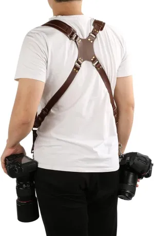 Double Camera Strap,Camera Shoulder Strap for Two Cameras,Adjustable Leather Double Camera Harness Brown