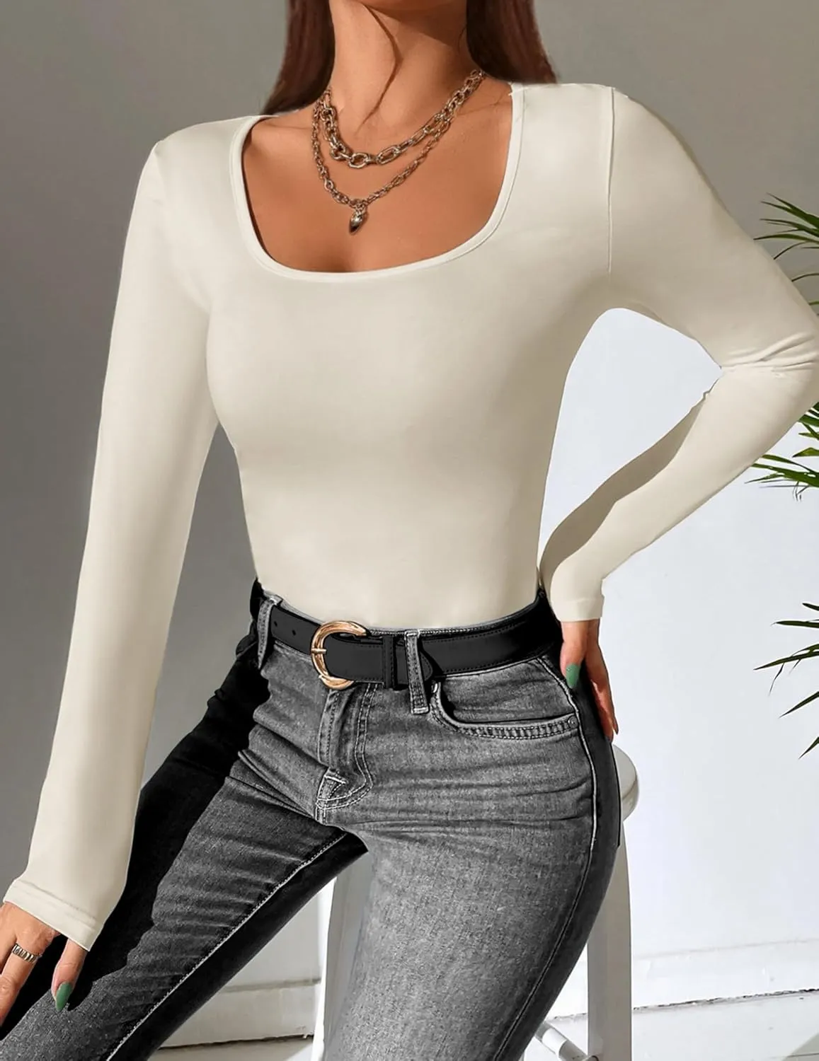 Ekouaer Women Long Sleeve Shirt Scoop Neck Tops Slim Fit Basic Top Thermal Undershirts Base Layer Tee