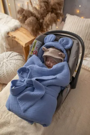 Handmade Car Seat Blanket - GOTS Organic Muslin Cotton - Cornflower Blue