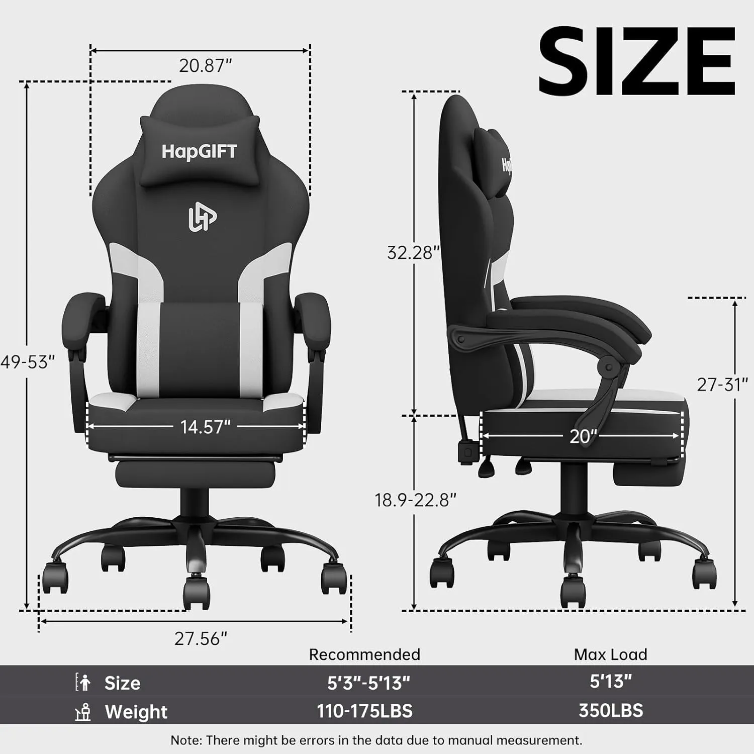 HapGIFT Gaming Chair, Computer Chair with Massage Lumbar Support, Ergonomic Gaming Chair with Footrest, High Back Adjustable Technical Fabric with Headrest, Gamer Chair for Adults (Black-White)