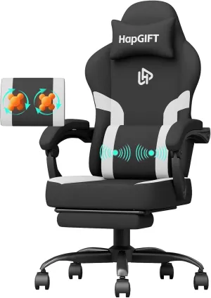 HapGIFT Gaming Chair, Computer Chair with Massage Lumbar Support, Ergonomic Gaming Chair with Footrest, High Back Adjustable Technical Fabric with Headrest, Gamer Chair for Adults (Black-White)