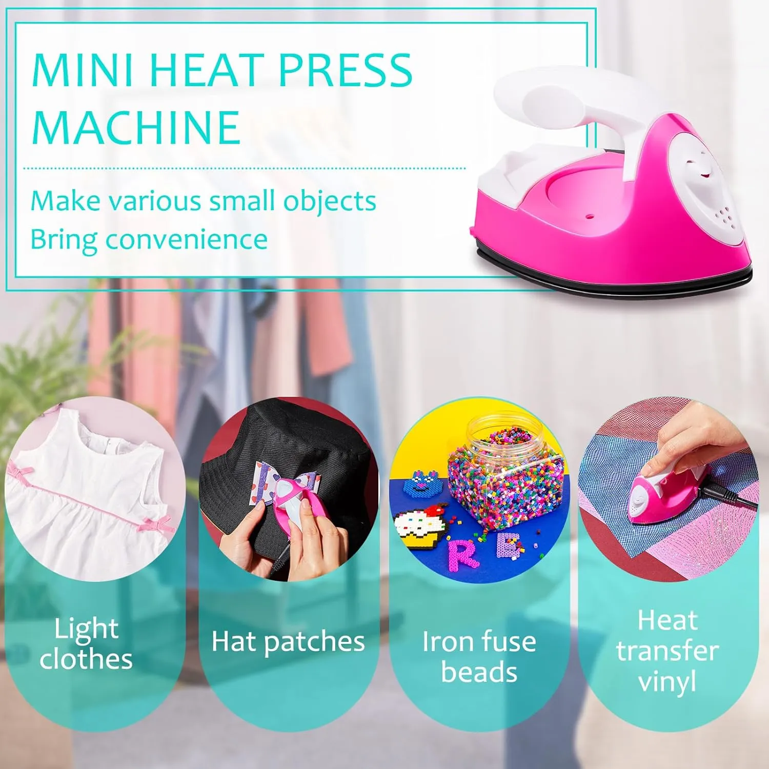 Honoson Mini Craft Iron Mini Heat Press Small Portable Tiny Iron with Charging Base Accessories for Fuse Beads Patch DIY Shoes T-shirts Heat Transfer Vinyl Projects(Pink)