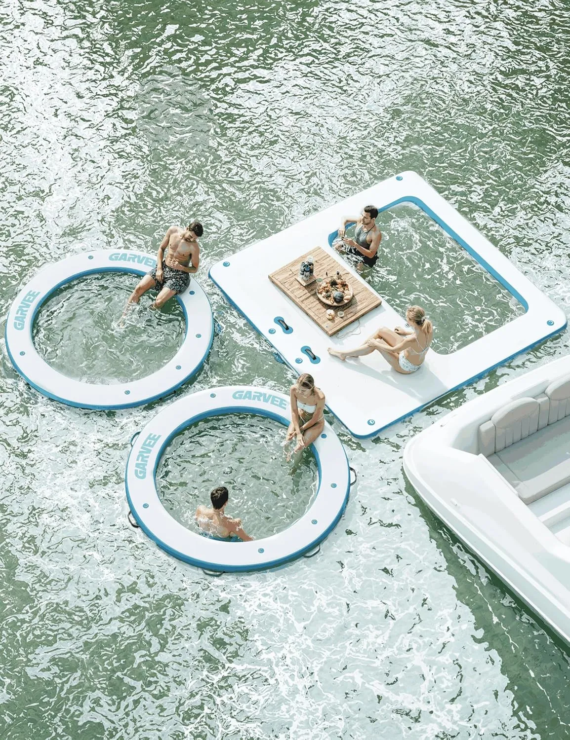 Inflatable Floating Island 10x10FT - with 4 * 7ft Trampoline Mesh Pool & Detachable Ladder - Portable Water Dock for Beach, Pool, Lake - Non-Slip Surface   Storage Bag