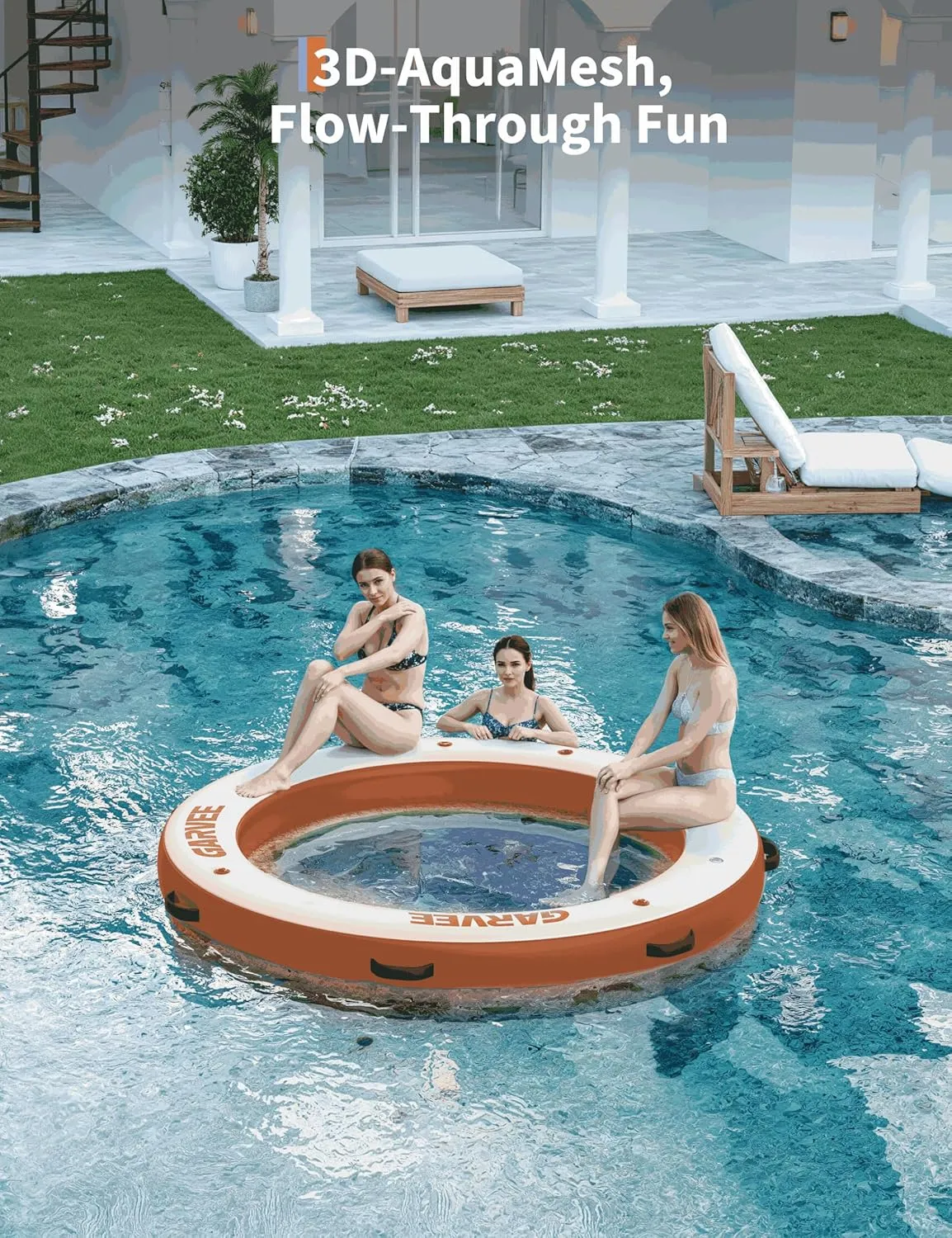 Inflatable Floating Island 10x10FT - with 4 * 7ft Trampoline Mesh Pool & Detachable Ladder - Portable Water Dock for Beach, Pool, Lake - Non-Slip Surface   Storage Bag