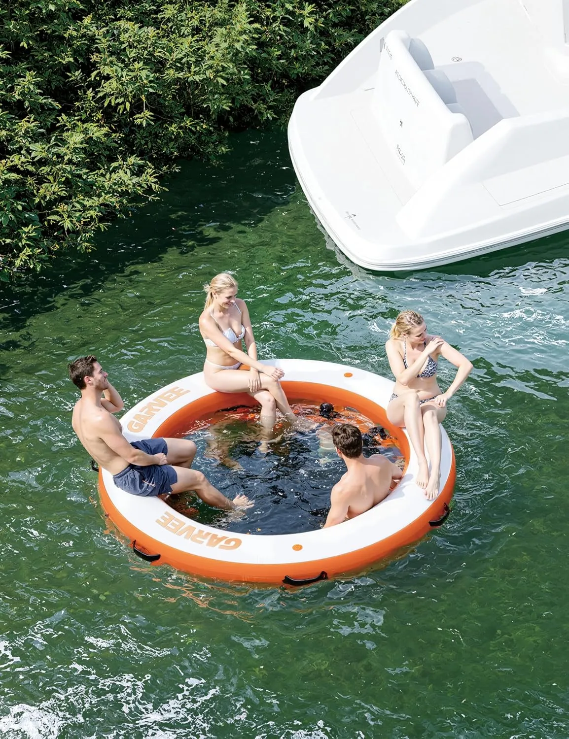 Inflatable Floating Island 10x10FT - with 4 * 7ft Trampoline Mesh Pool & Detachable Ladder - Portable Water Dock for Beach, Pool, Lake - Non-Slip Surface   Storage Bag
