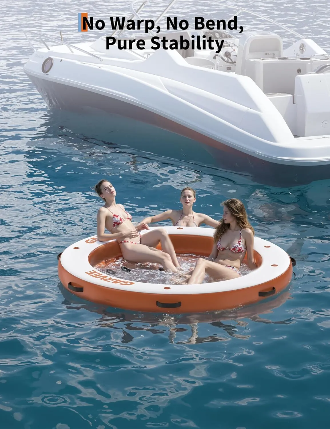 Inflatable Floating Island 10x10FT - with 4 * 7ft Trampoline Mesh Pool & Detachable Ladder - Portable Water Dock for Beach, Pool, Lake - Non-Slip Surface   Storage Bag