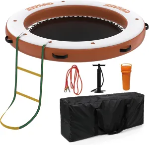 Inflatable Floating Island 10x10FT - with 4 * 7ft Trampoline Mesh Pool & Detachable Ladder - Portable Water Dock for Beach, Pool, Lake - Non-Slip Surface   Storage Bag
