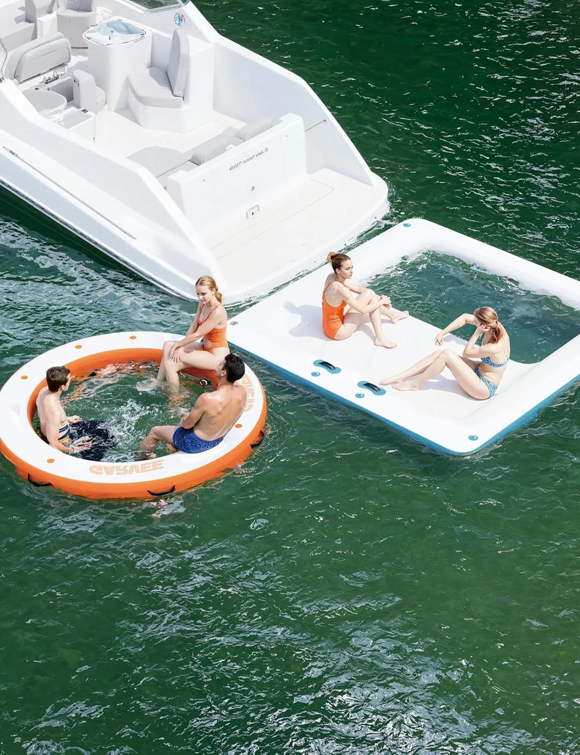 Inflatable Floating Island 10x10FT - with 4 * 7ft Trampoline Mesh Pool & Detachable Ladder - Portable Water Dock for Beach, Pool, Lake - Non-Slip Surface   Storage Bag