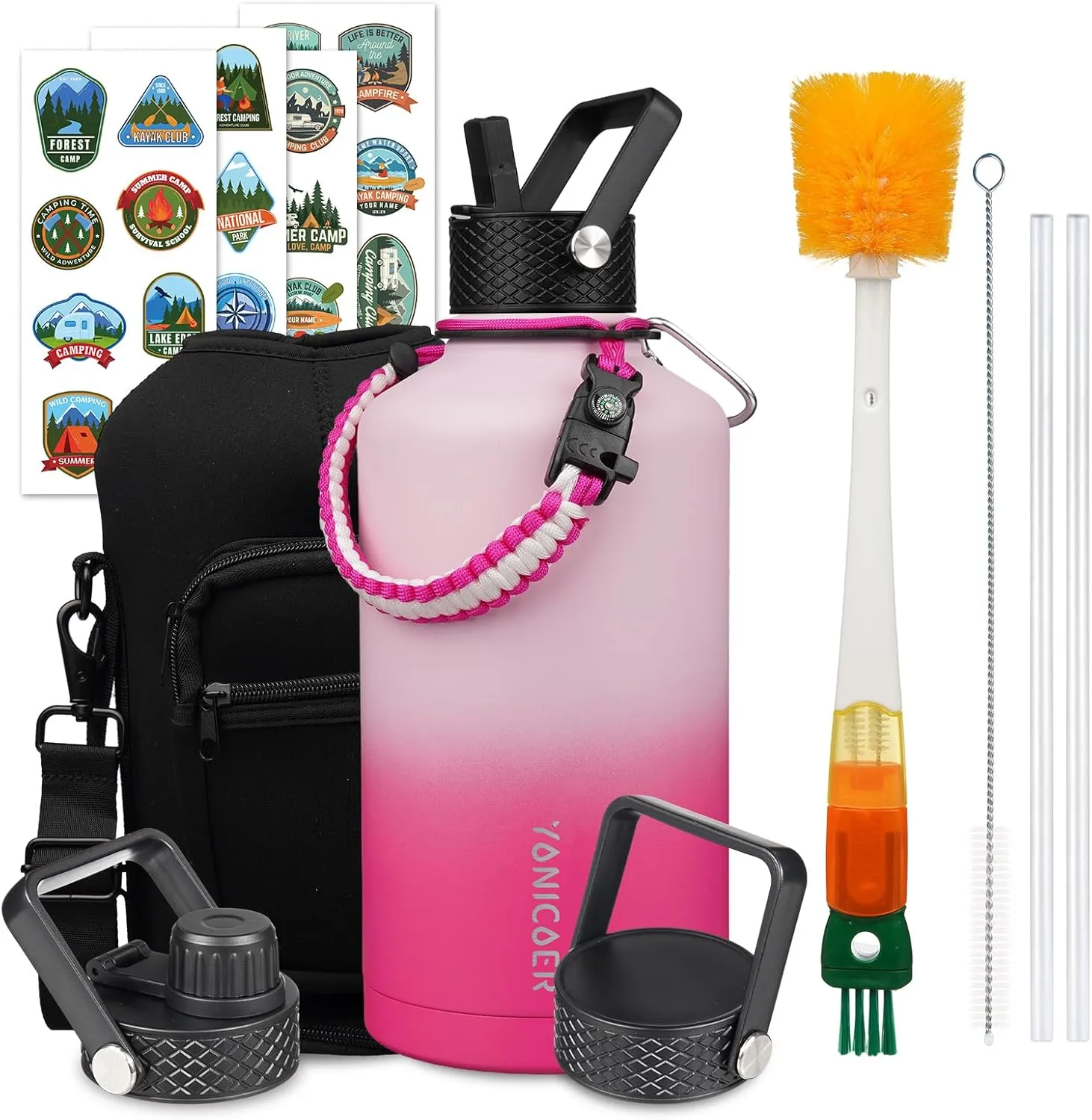 Insulated Water Bottle 87oz,Triple Wall Vacuum Stainless Steel(Dishwasher Safe),Leak Proof & Non-BPA,Flask Jug with Paracord Handle & Straw Spout Lids Sports Sakura
