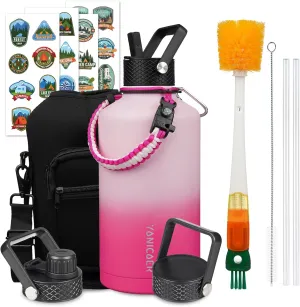 Insulated Water Bottle 87oz,Triple Wall Vacuum Stainless Steel(Dishwasher Safe),Leak Proof & Non-BPA,Flask Jug with Paracord Handle & Straw Spout Lids Sports Sakura