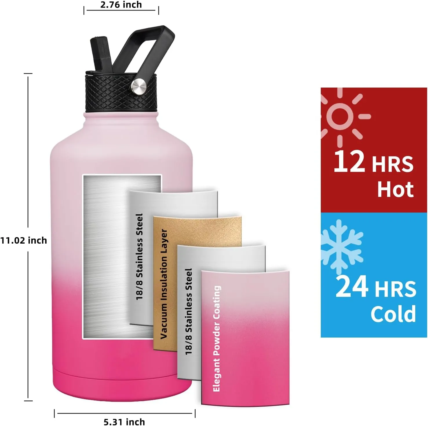 Insulated Water Bottle 87oz,Triple Wall Vacuum Stainless Steel(Dishwasher Safe),Leak Proof & Non-BPA,Flask Jug with Paracord Handle & Straw Spout Lids Sports Sakura