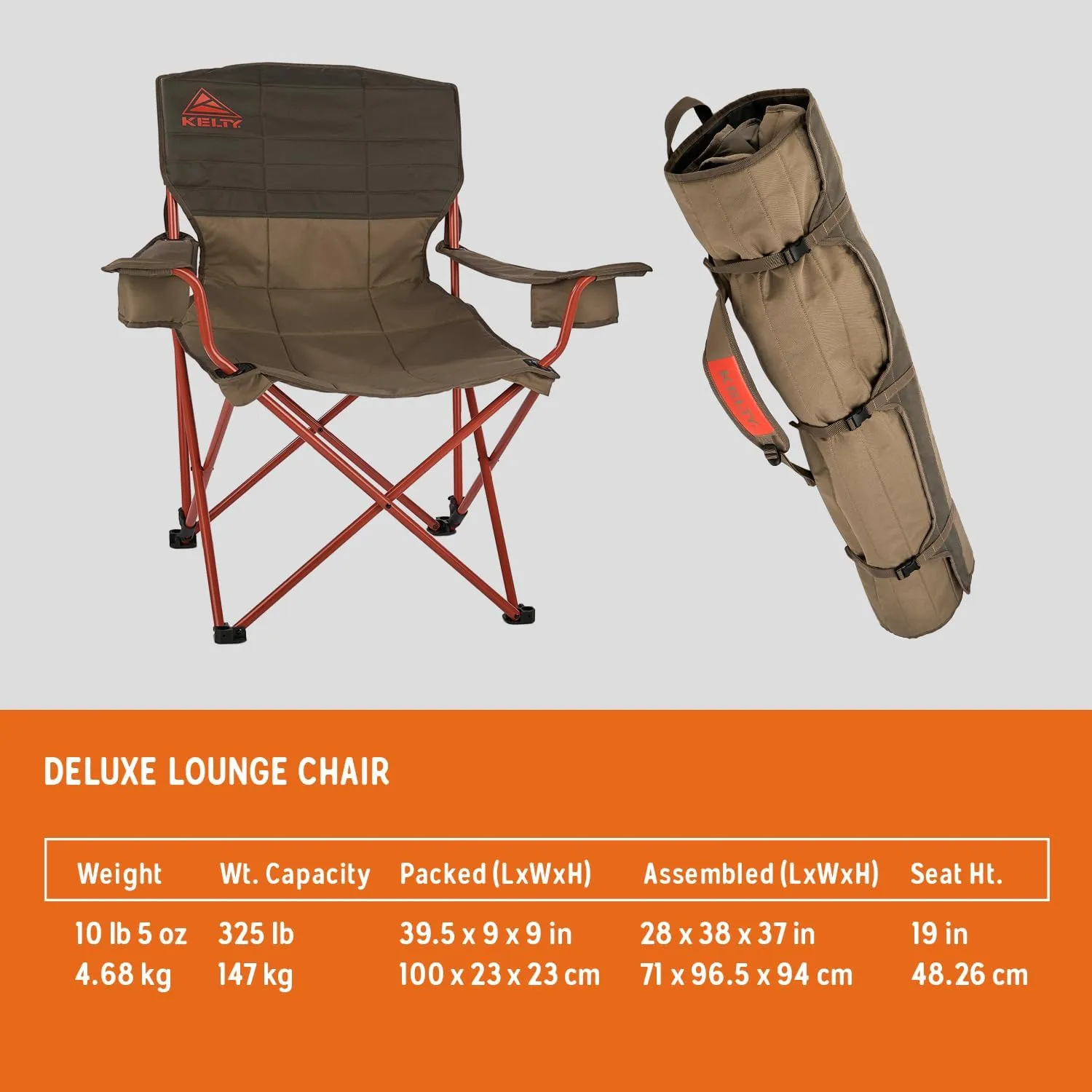 Kelty Deluxe Lounge Chair  Folding Outdoor Camp Chair, Insulated Cupholders, Customized Recline, Steel Frame, Padded Roll Storage, 2024 (Deep Lake)