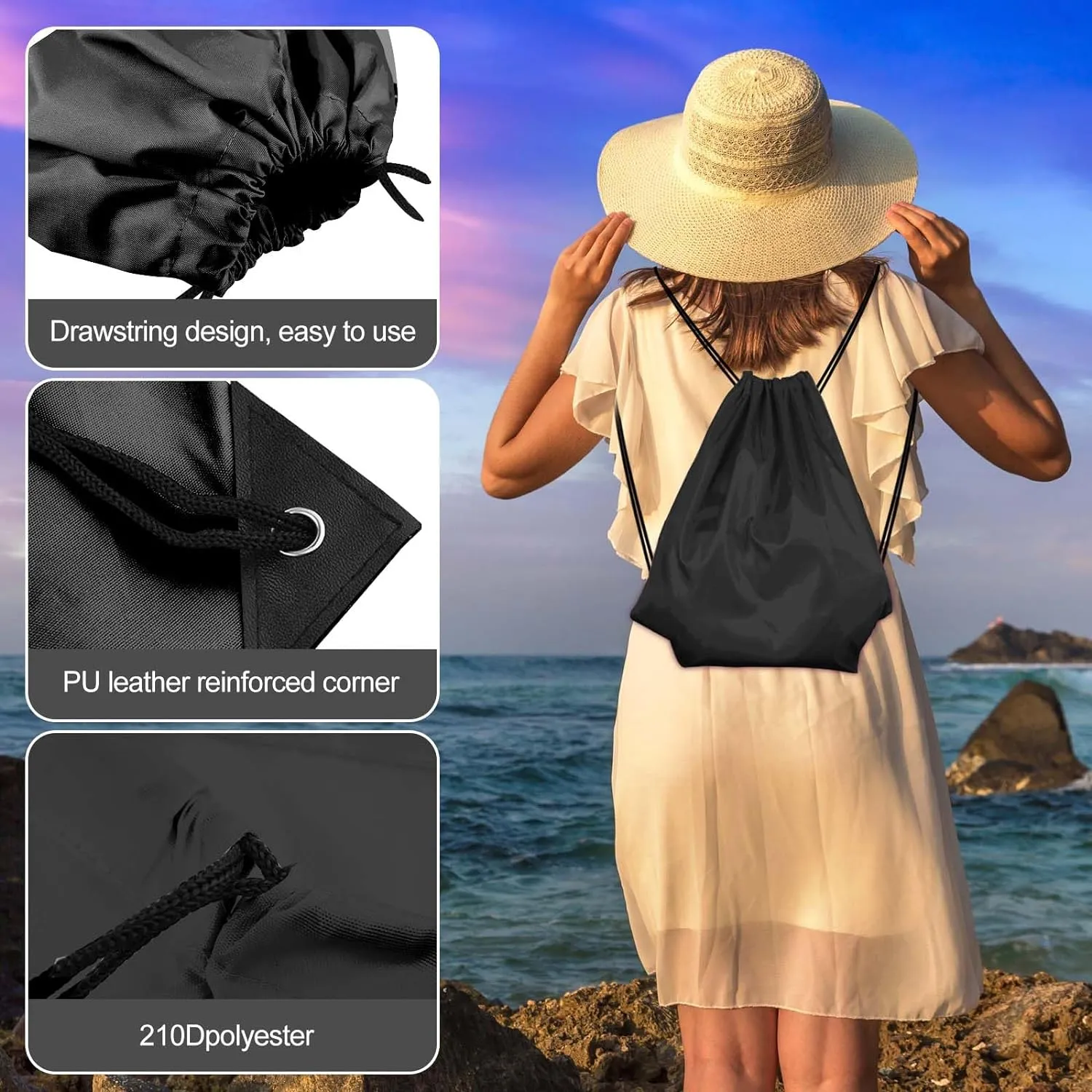 KUUQA 40pc Black Drawstring Backpacks - Gym, School, Travel - 40cm*34cm/15.7'x13.4' - Polyester & Faux Leather - Modern Design - Drawstring Closure - Unisex - Black