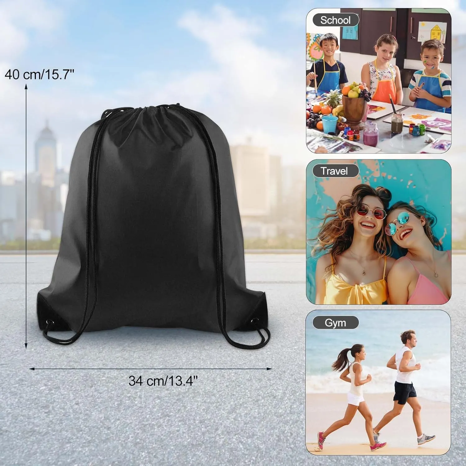KUUQA 40pc Black Drawstring Backpacks - Gym, School, Travel - 40cm*34cm/15.7'x13.4' - Polyester & Faux Leather - Modern Design - Drawstring Closure - Unisex - Black