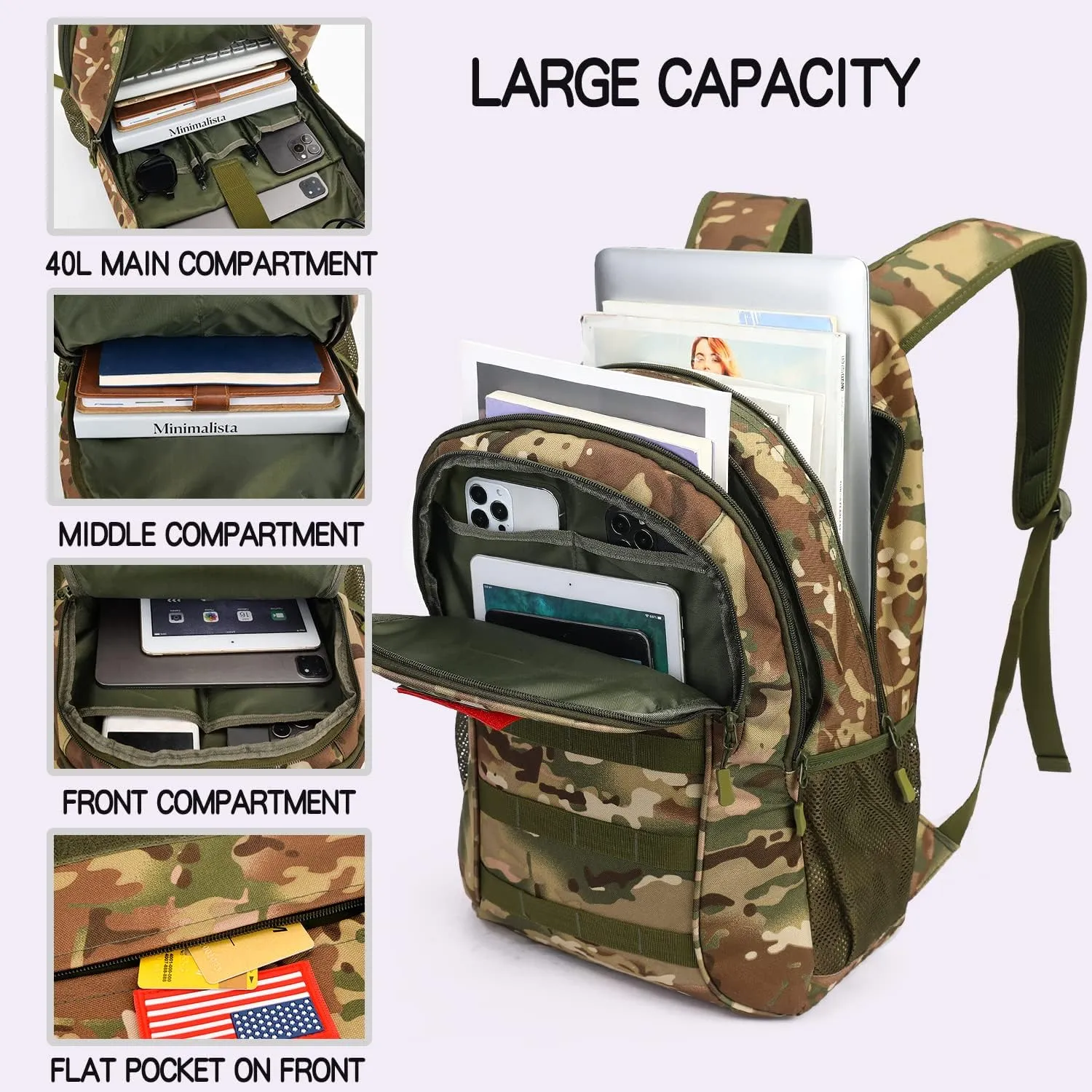 outdoor plus Camo Backpack for Boys,Military Teen Backpack with USB Port, Army Bookbag for School