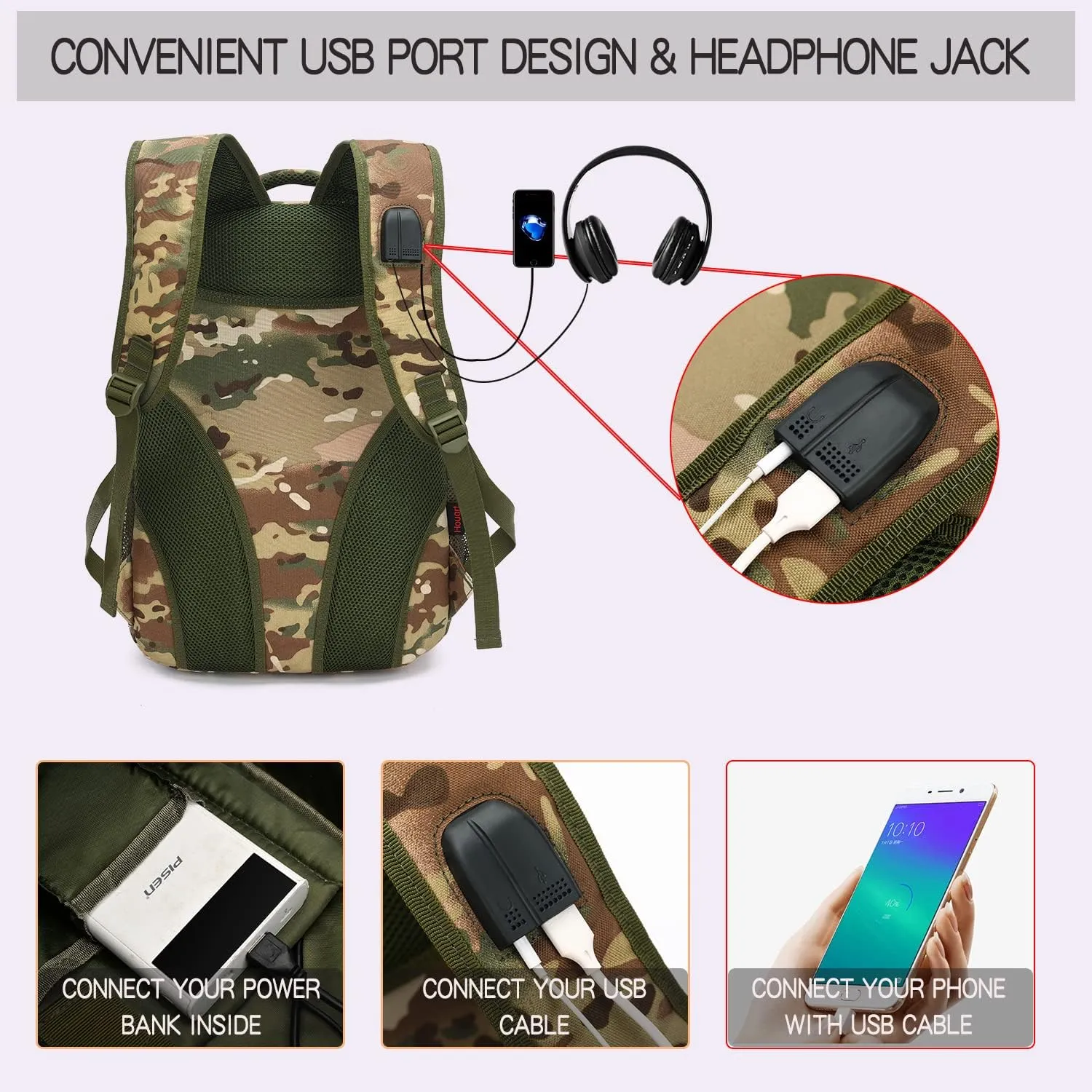 outdoor plus Camo Backpack for Boys,Military Teen Backpack with USB Port, Army Bookbag for School