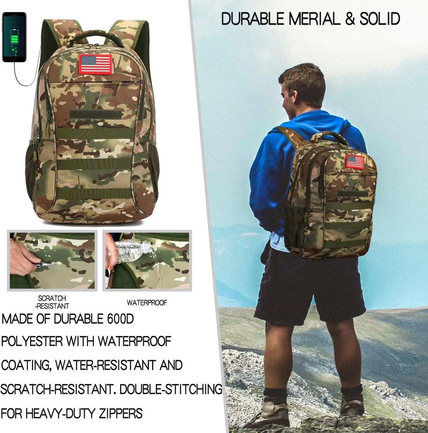 outdoor plus Camo Backpack for Boys,Military Teen Backpack with USB Port, Army Bookbag for School