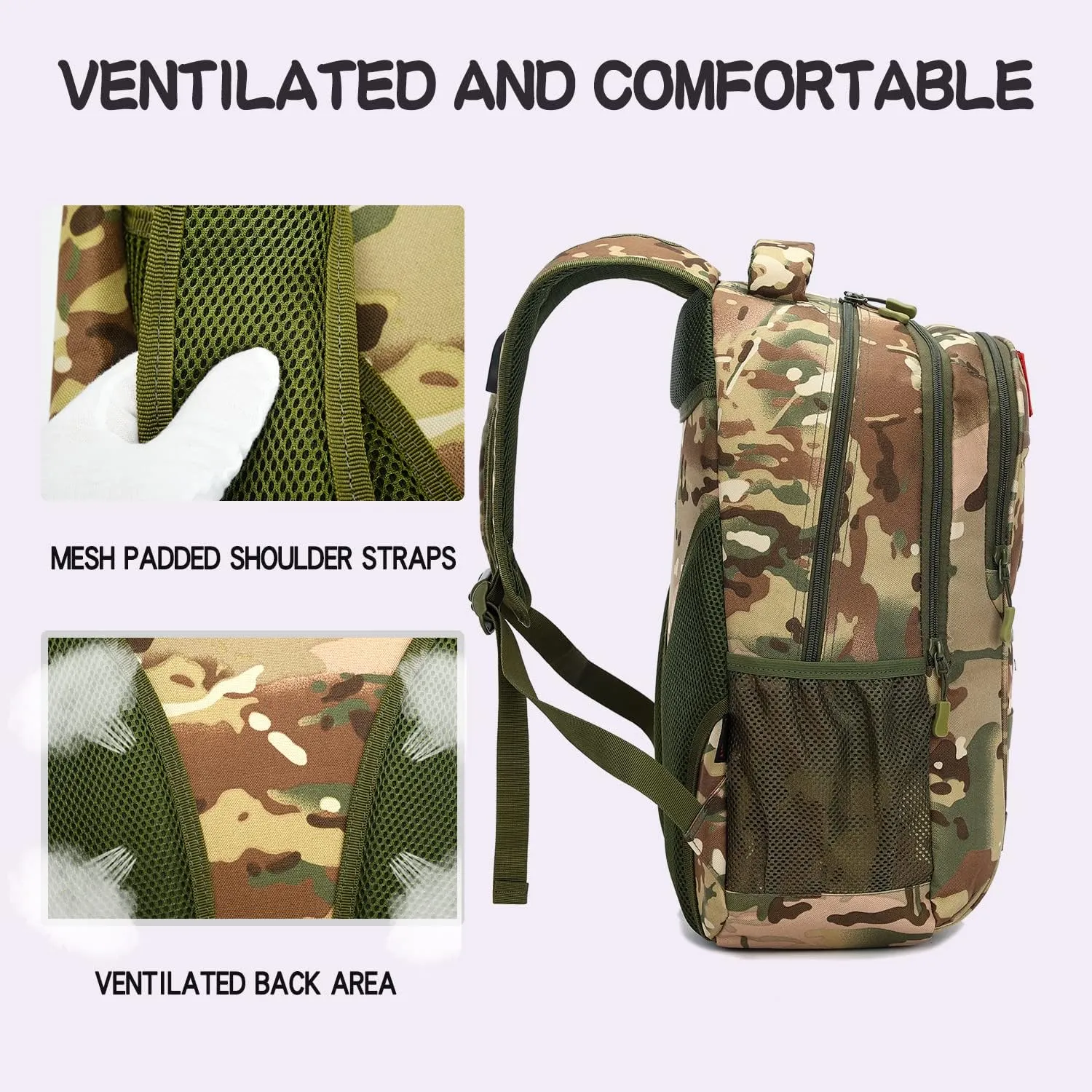 outdoor plus Camo Backpack for Boys,Military Teen Backpack with USB Port, Army Bookbag for School