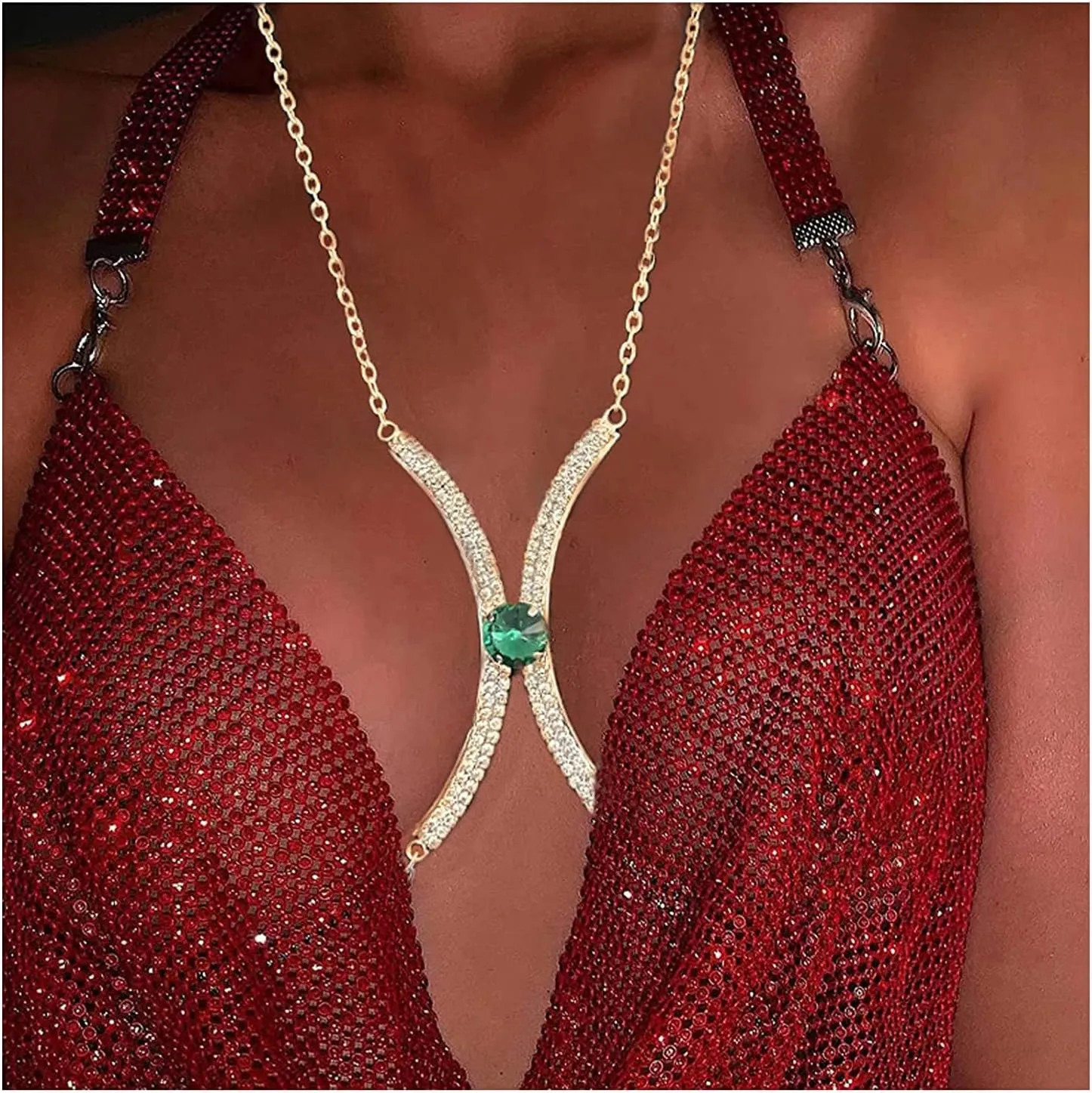 Rhinestone Green Chest Bracket Bra Chain Body Jewelry Bikini Crystal Body Chain Rhinestone Bra Underwear Chain Sexy Lingerie Chest Chain for Women