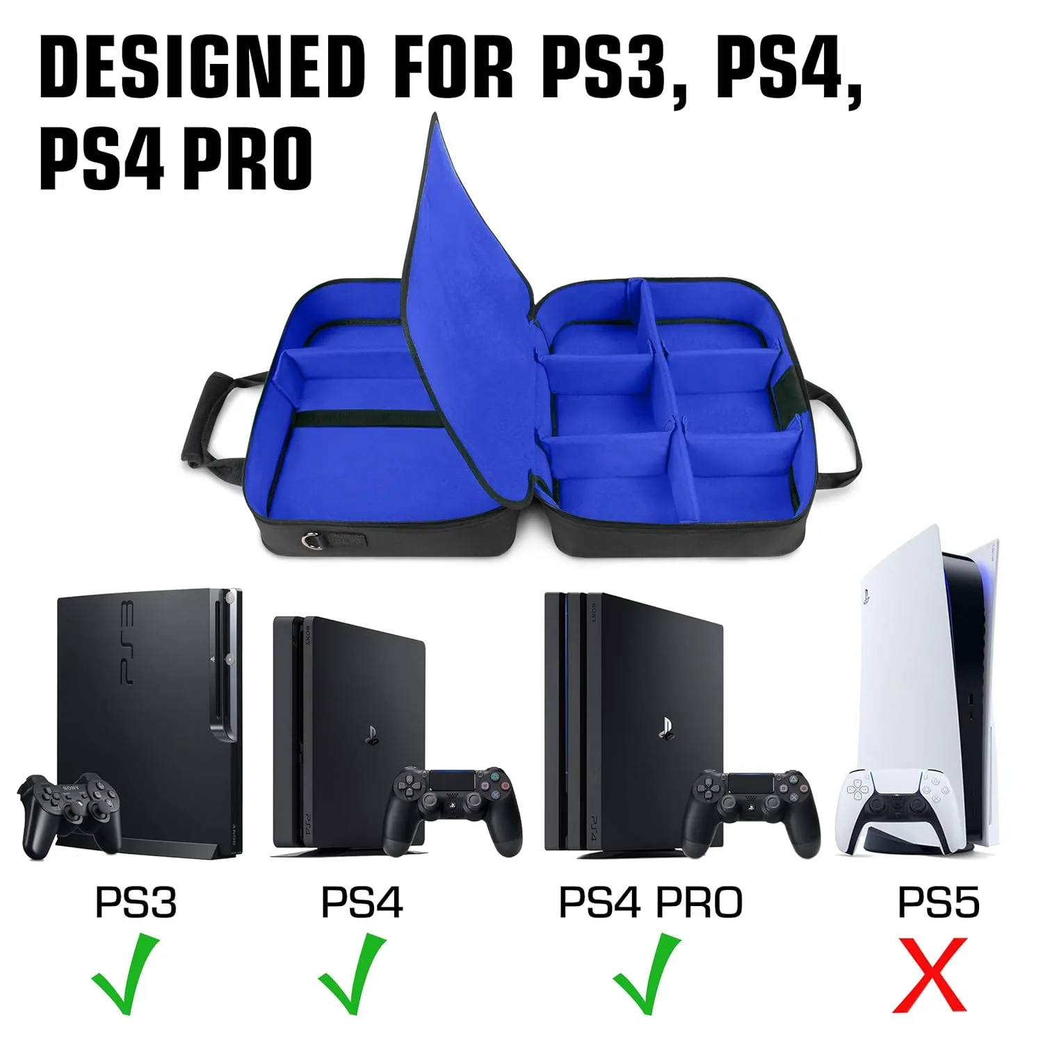 USA GEAR PS4 Travel Case - Travel Bag Compatible with PlayStation 4 Slim, PlayStation Pro and PS3 - Carrying Case with Customizable Interior for PS4 Games, Controller, Headset & Accessories (Blue)