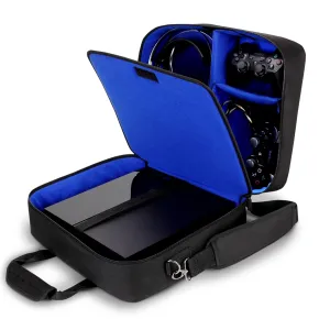 USA GEAR PS4 Travel Case - Travel Bag Compatible with PlayStation 4 Slim, PlayStation Pro and PS3 - Carrying Case with Customizable Interior for PS4 Games, Controller, Headset & Accessories (Blue)
