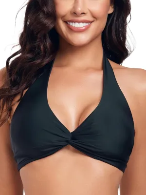 Women's Twist Front Halter Bikini Top V Neck Swim Top Padded Bathing Suit Top