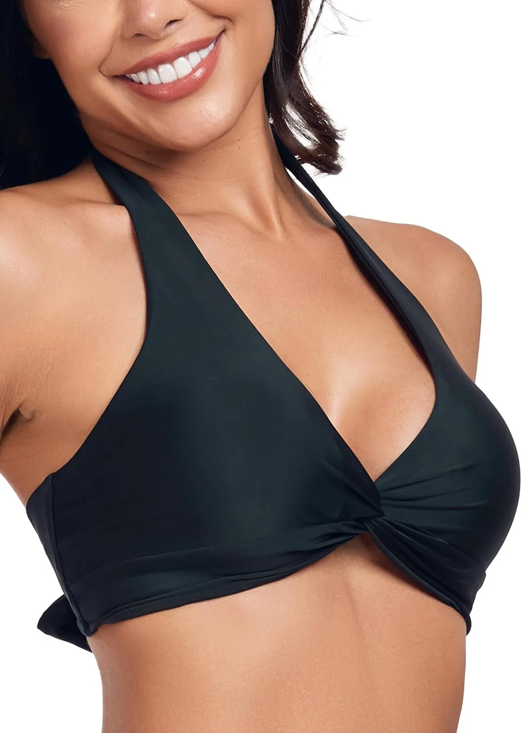 Women's Twist Front Halter Bikini Top V Neck Swim Top Padded Bathing Suit Top
